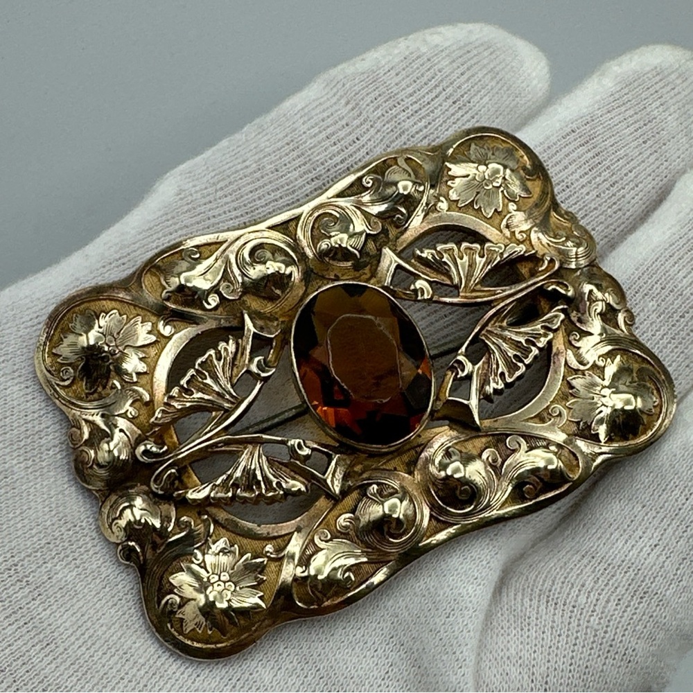 Antique Victorian Brooch/glass‎ Amber/ Signed #634